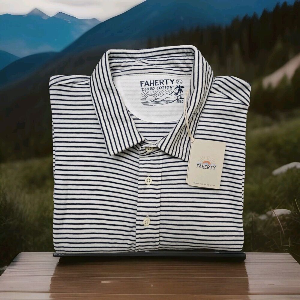 Faherty Cloud Cotton, Short Sleeve Collared polo , NAVY white Striped Sz XL